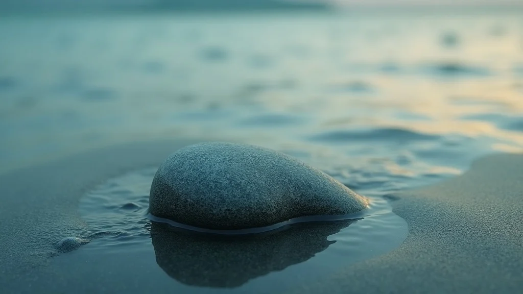 Smooth river stone on dark teal sand with warm light, representing grounded presence amid mental turbulence