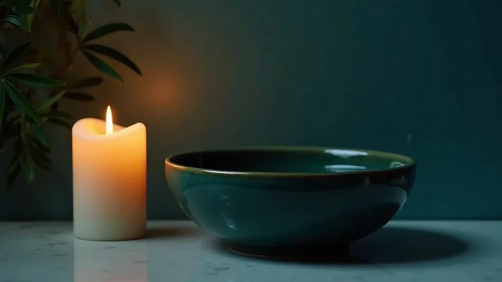 Warm candlelight reflecting on dark teal water in a ceramic bowl, symbolizing the practice of observing thoughts without engaging them