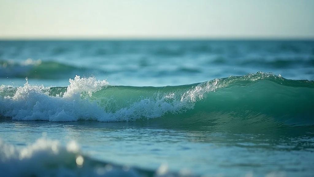 Close-up of deep teal ocean waves with soft cream seafoam, representing the rhythm of thoughts rising and falling