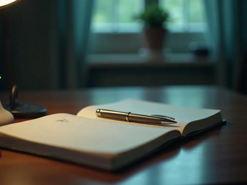 Notebook and pen on wooden desk with warm cream light for journaling