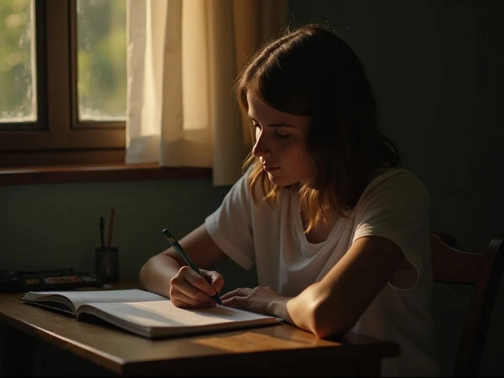 A person journaling at a wooden desk, warm cream ambient light, deep teal accent