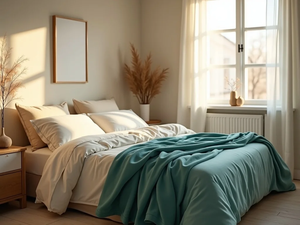 A serene bedroom with warm cream bedding, deep teal throw blanket, morning light